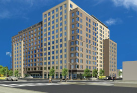 A rendering of the 13-story building at the corner of Logan Street and Atlantic Avenue. 